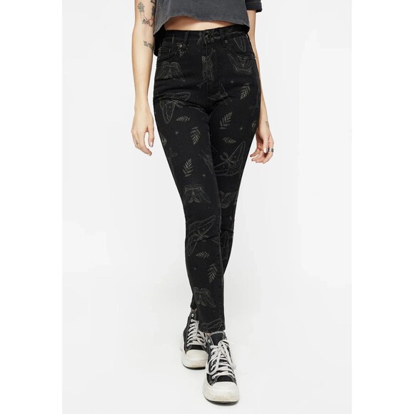 Disturbia Women's Jeans 30" /US 8 Callopistria Moth Print Goth Grunge High Waist - Picture 3 of 14